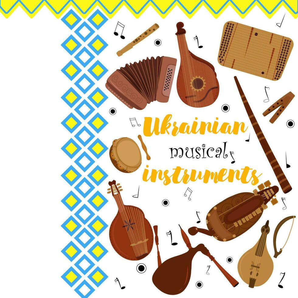 Set of hand drawn traditional Slavic, Ukrainian musical instruments. Bandur, tambourine, accordion, lyra, Cymbals, Ukrainian violin, sopilka. Vector illustration