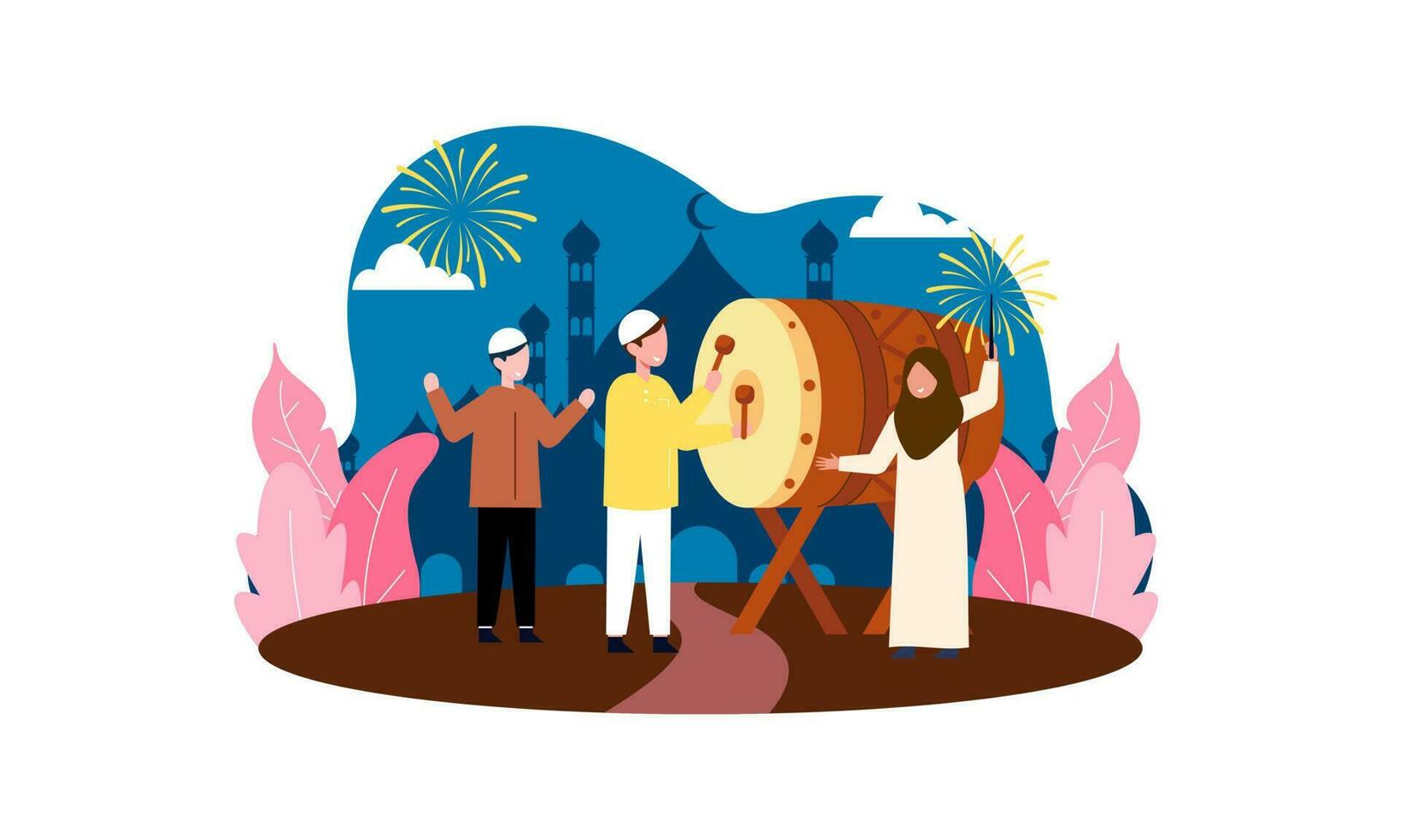 Happy eid mubarak, ramadan mubarak greeting concept with people character illustration vector