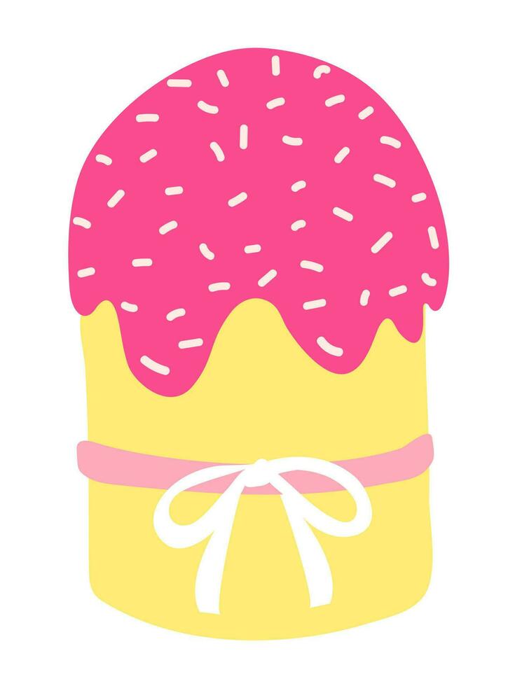 Easter cake vector illustration. Bright colourful easter cake with pink icing, white crumbs and cute bow. Holiday decor. Design for greeting cards, invitations, textile, banner, poster.