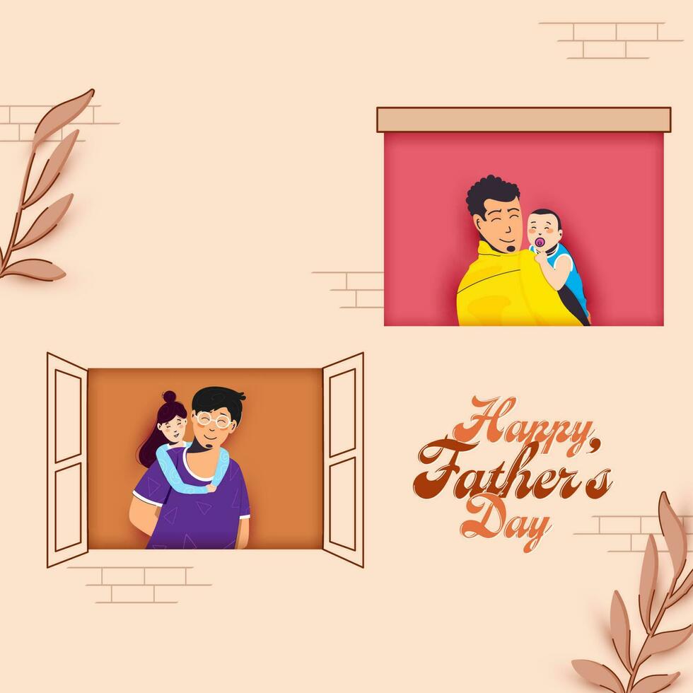 Happy Father's Day Concept With Young Man Hugging His Baby On Pastel Peach Background. vector