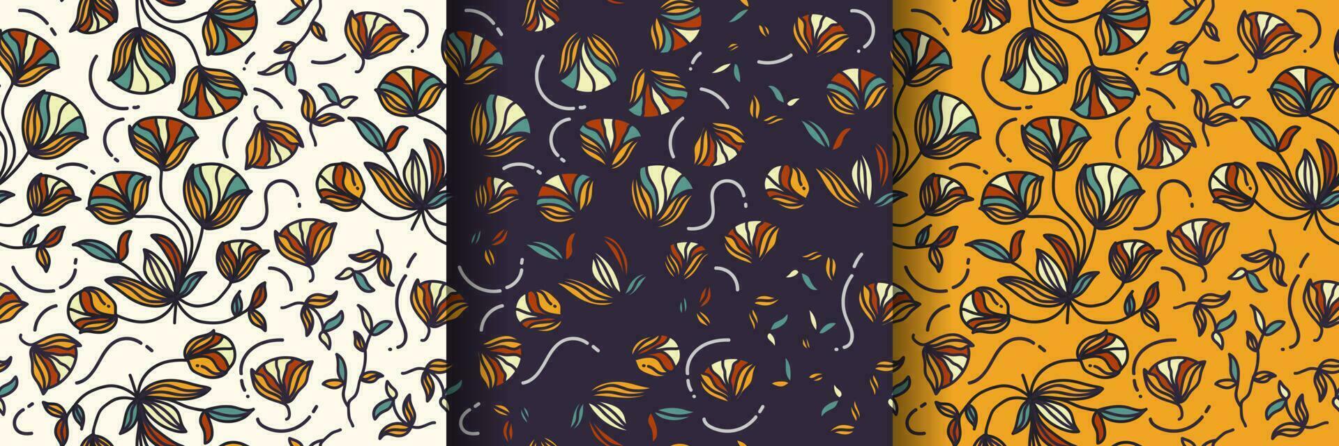 sin costura floral modelo con dibujos animados estilo en Tres antecedentes variaciones. flor motivo. adecuado para fondo de pantalla, envase papel, fondo, tela, textil, vestir, y tarjeta diseño vector