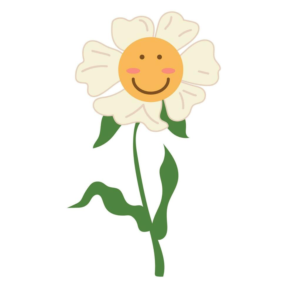 Vintage Flowers 70s design vector illustration. Retro 60s and 80s hippy old flora icon smile face.