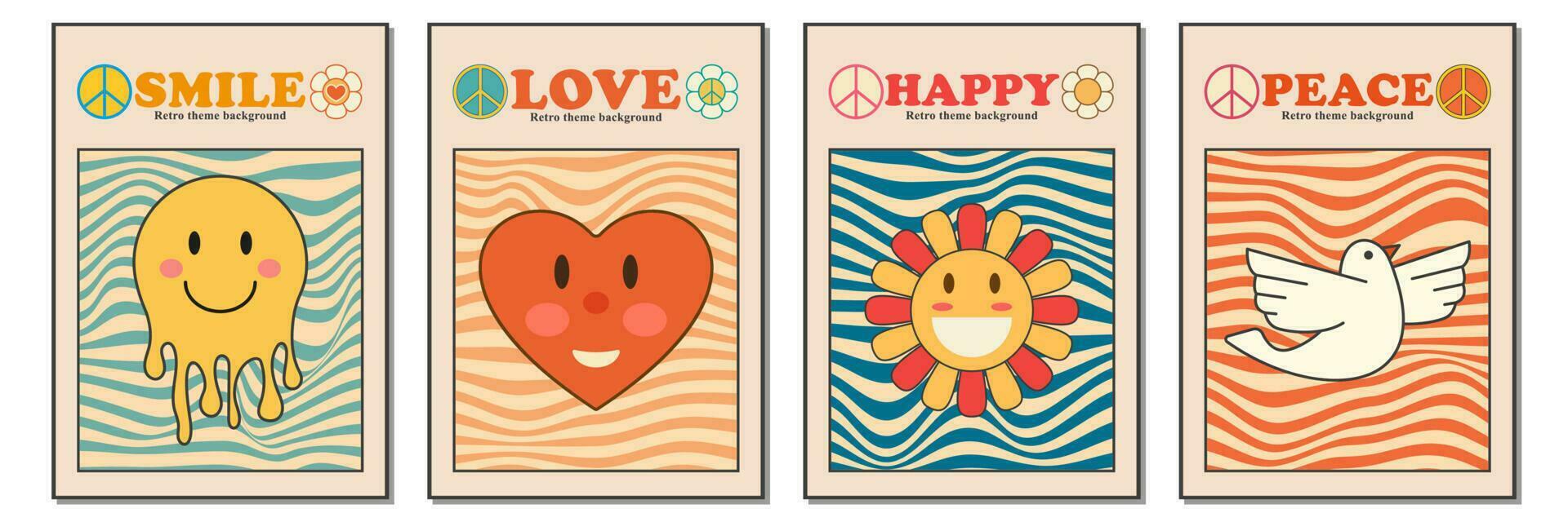 Vintage retro 70s bauhaus design poster vector covers set. Summer, spring, happy, smile. Swiss style colorful geometric compositions, flyers, magazines, music albums.