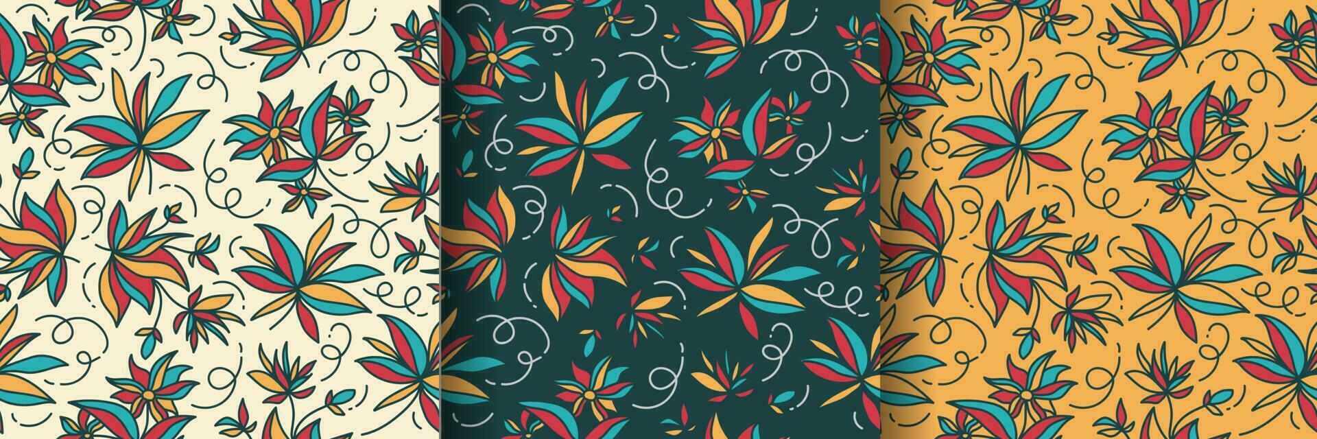 Seamless Floral Pattern with Cartoon Style in Three Background Variations. Flower Motif. Suitable for Wallpaper, Wrapping Paper, Background, Fabric, Textile, Apparel, and Card Design vector
