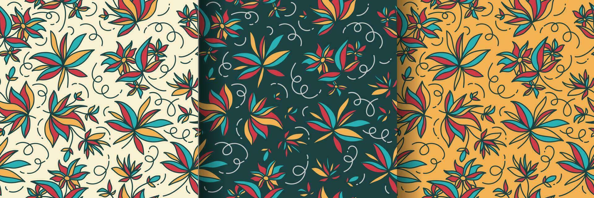 sin costura floral modelo con dibujos animados estilo en Tres antecedentes variaciones. flor motivo. adecuado para fondo de pantalla, envase papel, fondo, tela, textil, vestir, y tarjeta diseño vector