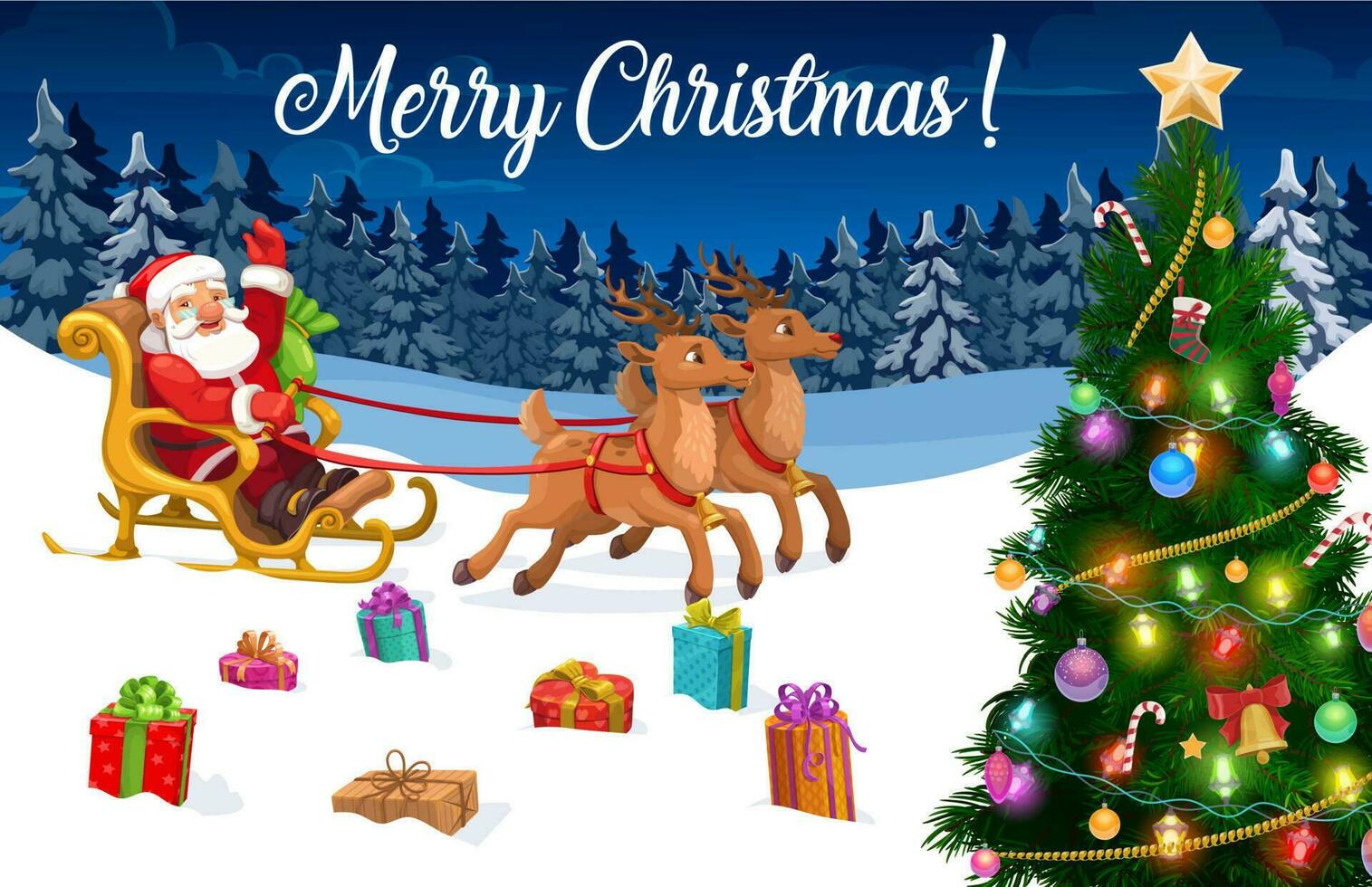 Christmas sleigh with Santa, Xmas gifts, reindeer vector
