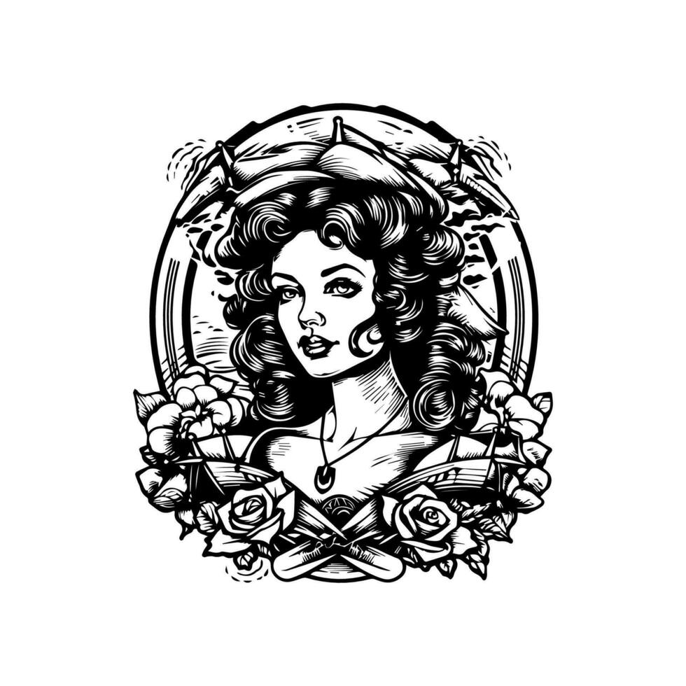 Beautiful female sailor black and white hand drawn illustration vector