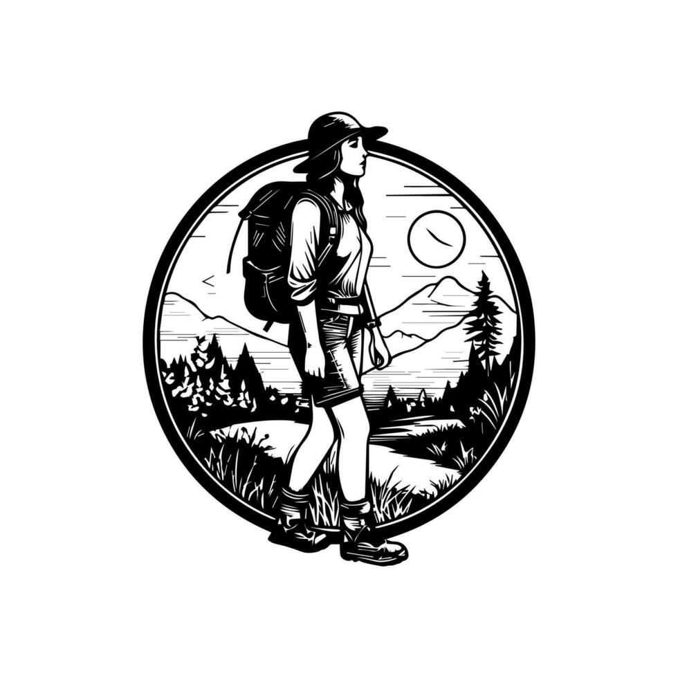 excursionismo logo diseño presentando un montaña pico y trekking postes Perfecto para aventuras y al aire libre marcas vector