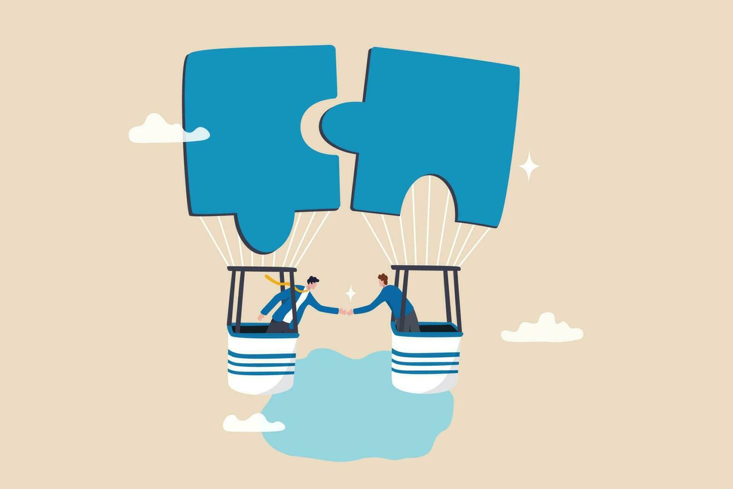 Partnership or teamwork to solve problem, agreement to success together, collaborate or cooperation, people to fit in job, jigsaw puzzle concept, businessman handshake on connect jigsaw balloon. vector
