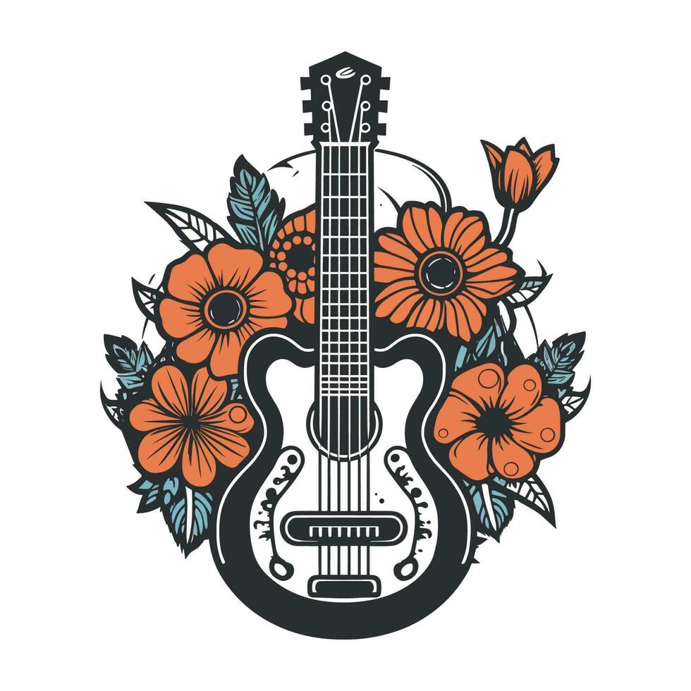 un hermosa guitarra adornado con flores en esta maravilloso ilustración Perfecto para música o relacionado con las flores negocios vector