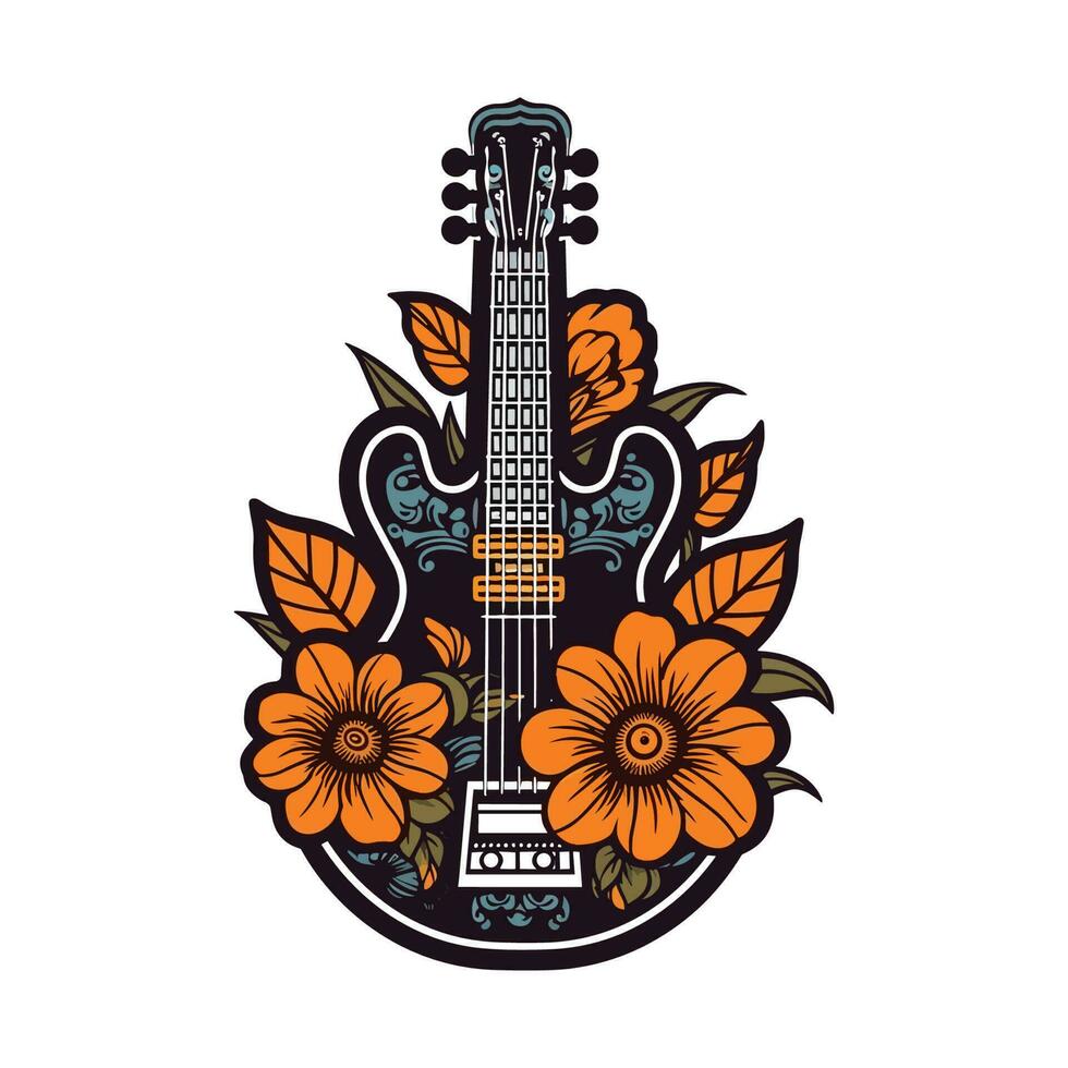un guitarra y flores ven juntos en esta logo diseño, creando un armonioso y elegante imagen para un música o inspirado en la naturaleza marca vector