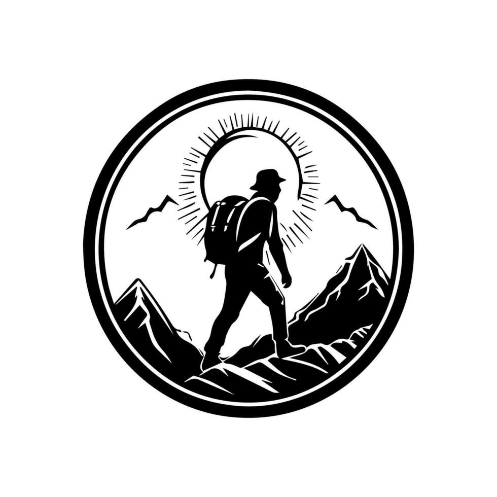A hiking logo design with a male hiker walking through a trail surrounded by trees and mountains vector