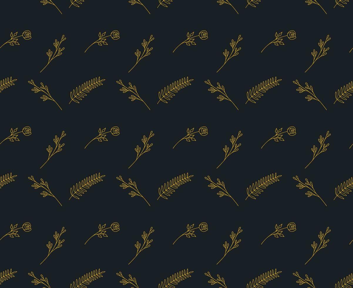 Golden Seamless Floral and Leafy Botanical Pattern on Dark background vector