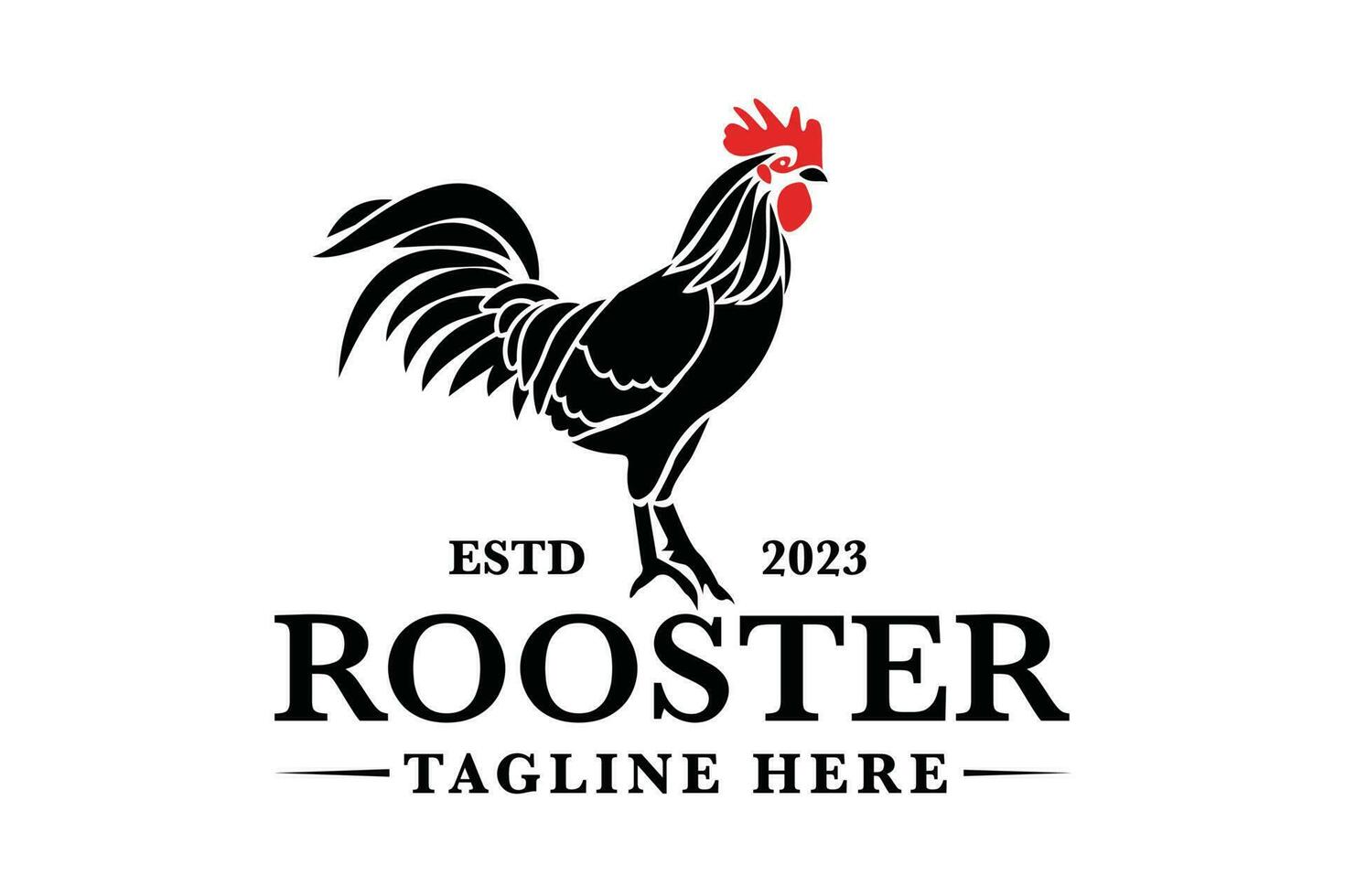 The black rooster chicken logo design vector with the company name and tagline placeholder