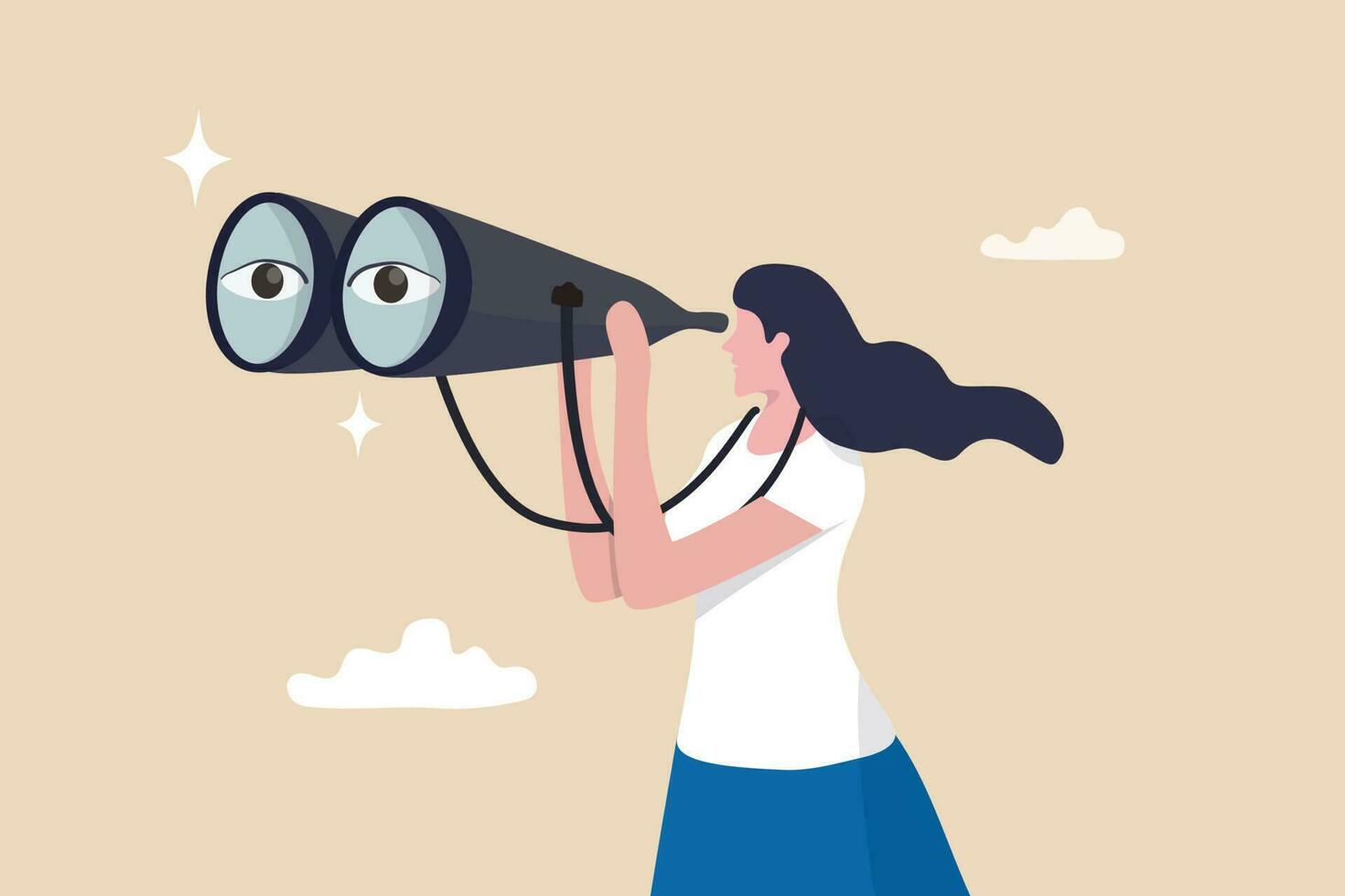 Business woman look through binoculars searching for new job or opportunity, vision or look far ahead to find future opportunity, observe or career success, human resources look for candidate concept. vector