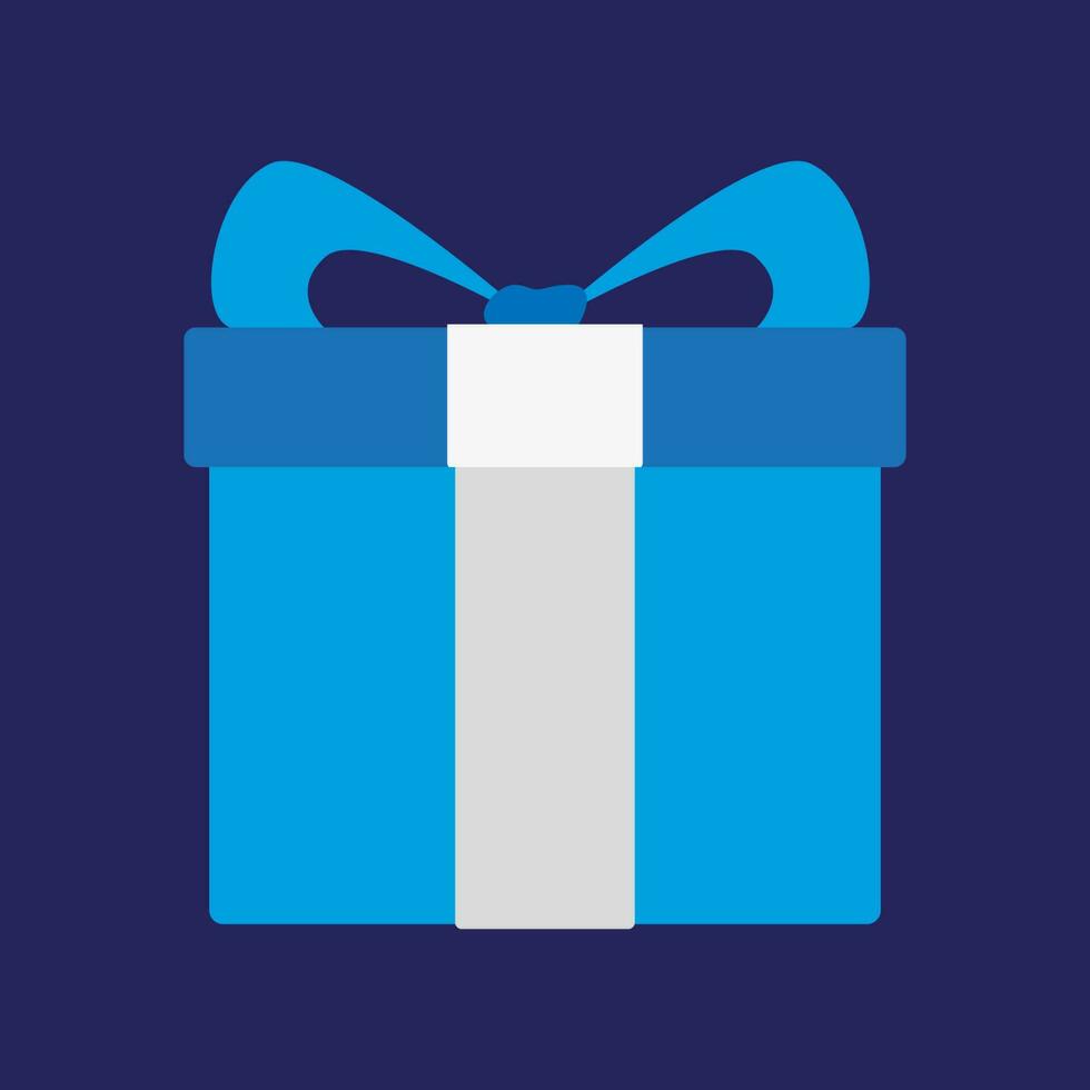 Surprise blue gift box, birthday celebration, special give away package, loyalty program reward, wonder gift with exclamation mark, vector icon, flat illustration.
