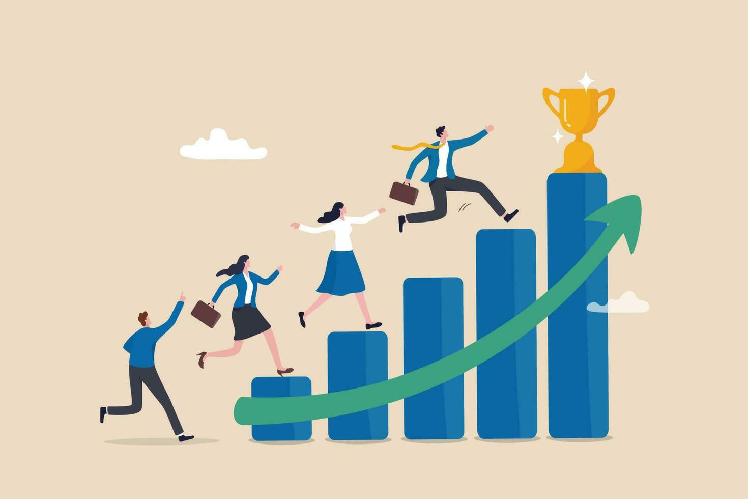 Growth to success, team achievement or teamwork to achieve target, career development or business strategy to win or victory, growing business concept, business people running up graph to trophy. vector