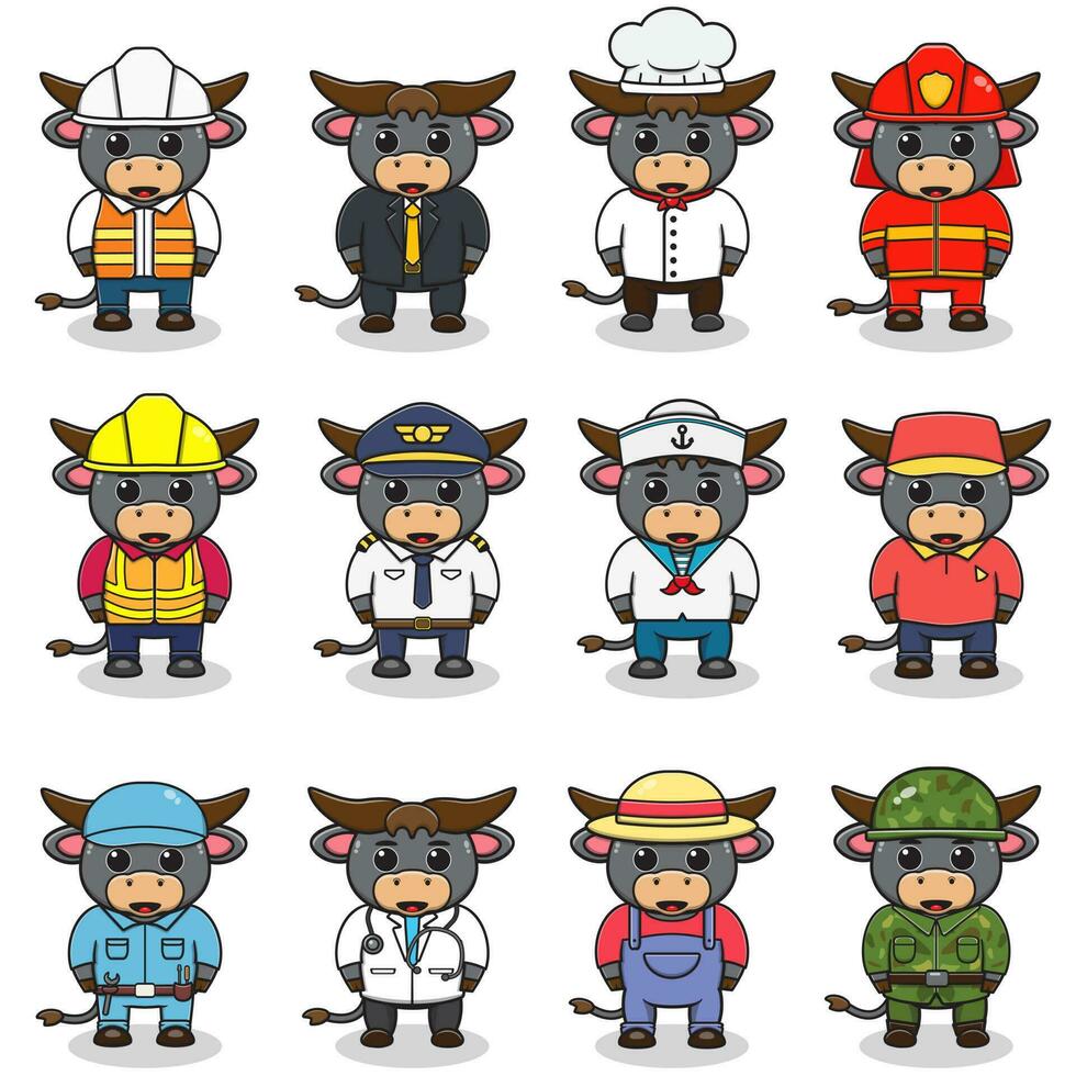 Vector set of cute Buffalo with different professions. Cartoon cute Buffalo dressed in different occupation uniform. Vector characters with jobs different occupation.