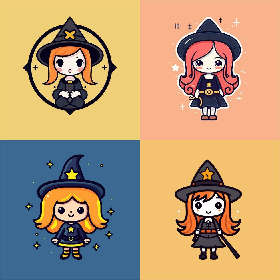 Cute witches chibi girls kawaii cartoon halloween illustration set collection vector