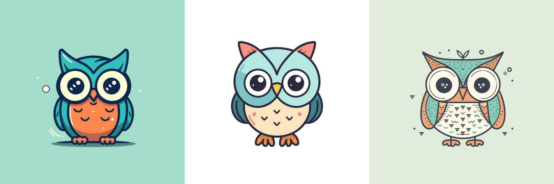 Cute baby owl mascot kawaii cartoon bird illustration set collection vector