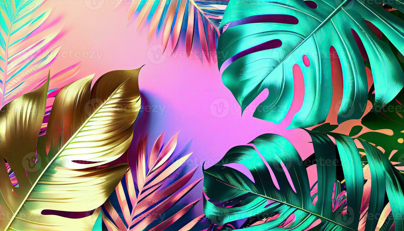 Tropical and palm leaves in bright bold holographic colors. Generate Ai. photo