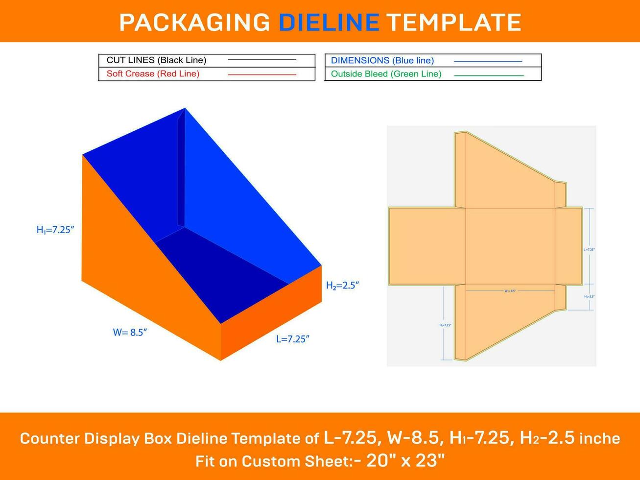 Small books counter display box dieline template for L 7.25x W 8.5 x H1 7.25 x H2 2.5 inche vector