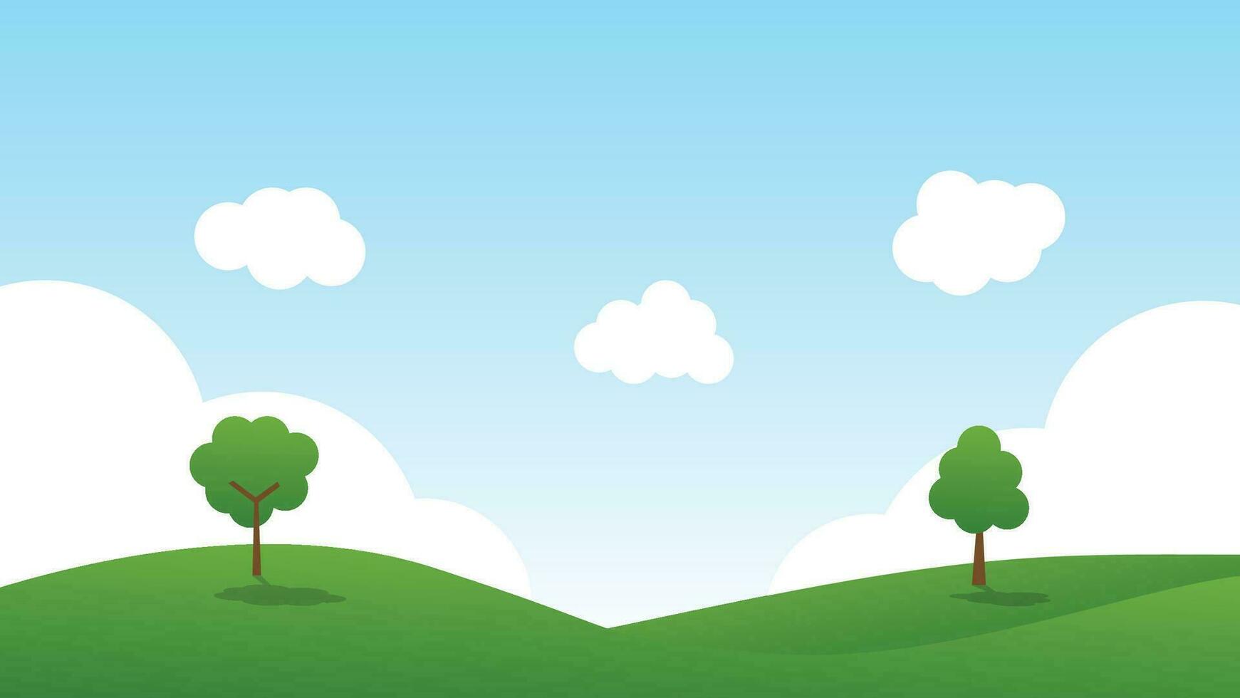 landscape cartoon scene with green hills and white cloud in summer blue sky background vector