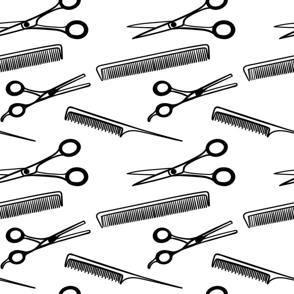 Barbershop seamless pattern, black on white repeating pattern. Print for men s barber shop. A set of accessories for men s hairdresser on white background. vector