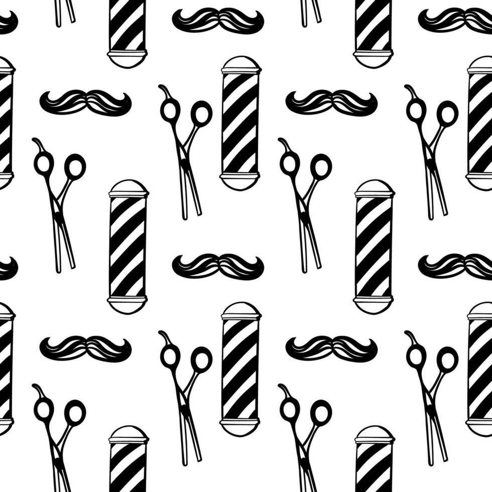 Barbershop seamless pattern, black on white repeating pattern. Print for men s barber shop. A set of accessories for men s hairdresser on white background. vector