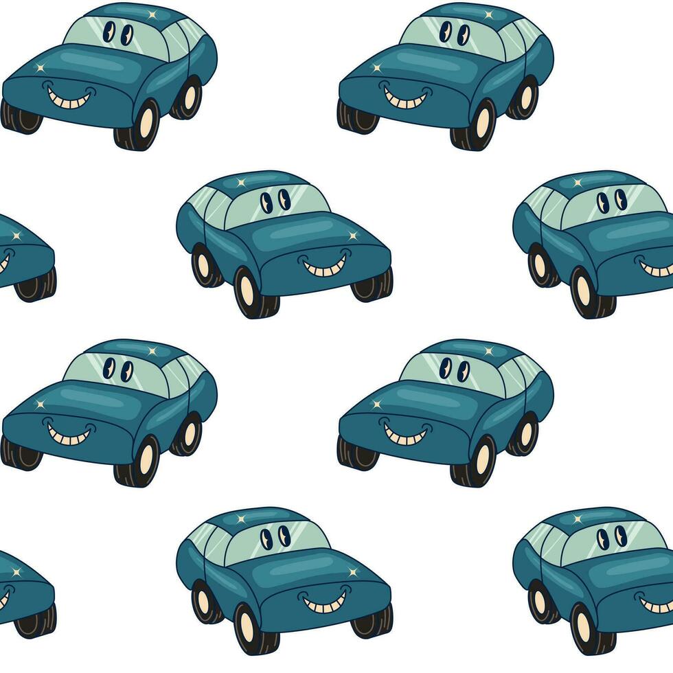 Retro car seamless pattern. Cartoon Transportation Background for Kids. Vector Seamless Pattern with doodle Toy Cars and Traffic signs