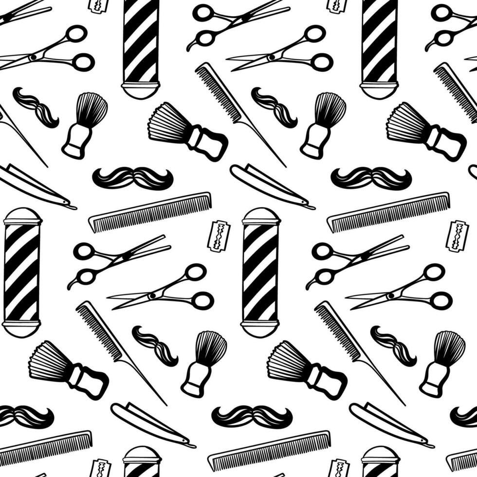 Barbershop seamless pattern, black on white repeating pattern. Print for men s barber shop. A set of accessories for men s hairdresser on white background. vector