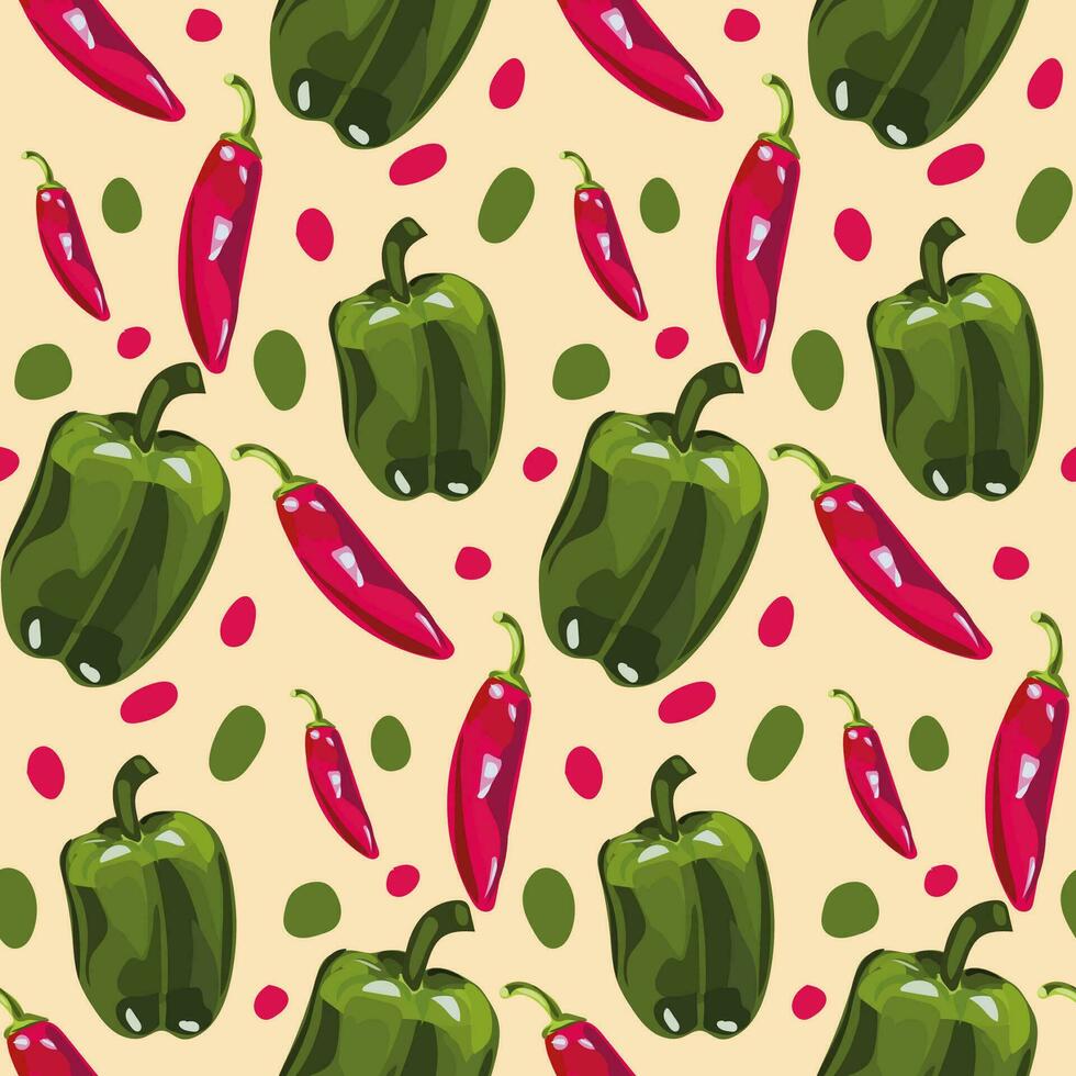 Red and green pepper seamless pattern. Vegan organic eco products. Vector illustration. For surface design package, banner, template, kitchen, fabric and textile design.
