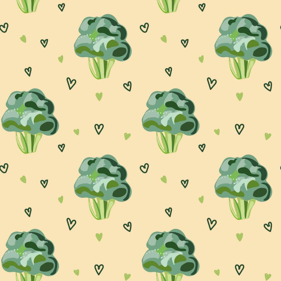 Broccoli seamless pattern. Vegan organic eco products. Vector illustration. For surface design package, banner, template, kitchen, fabric and textile design.