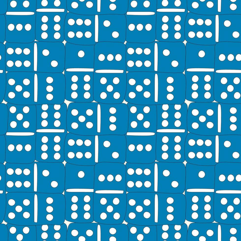 Classic Dominoes. Board Game Vector Seamless Pattern for Kids. Blue Background with Scattered Domino Stones. Blue background, games, fun, entertainment, funny time.