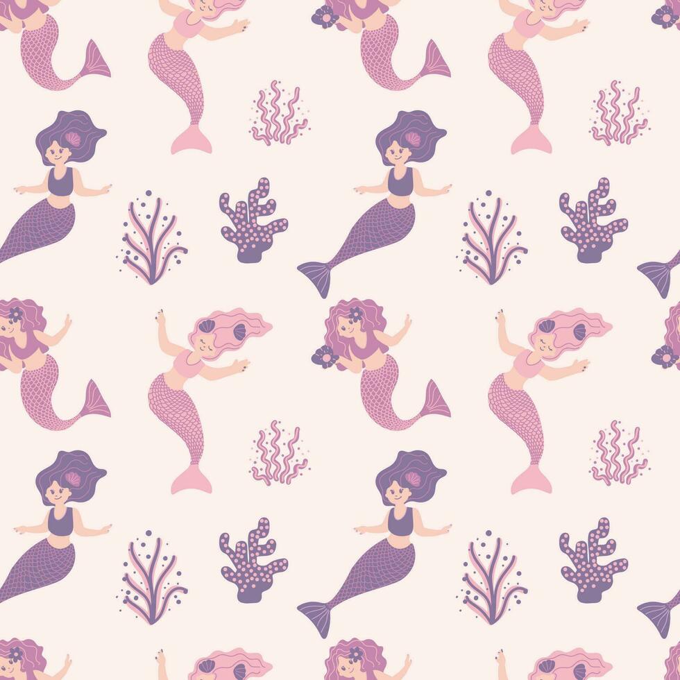 Seamless childish pattern with cute mermaids. Creative kids texture for fabric, wrapping, textile, wallpaper, apparel. Vector illustration