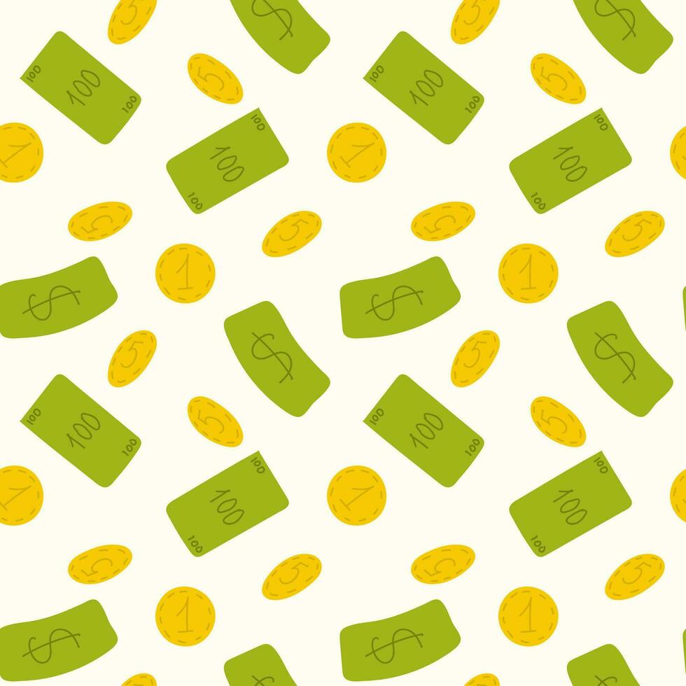 Money rain flat cartoon Seamless pattern. Green paper notes and gold coin flying in air. Money banknotes flying wite background, various banknotes, different coins. Money float. Vector illustration.