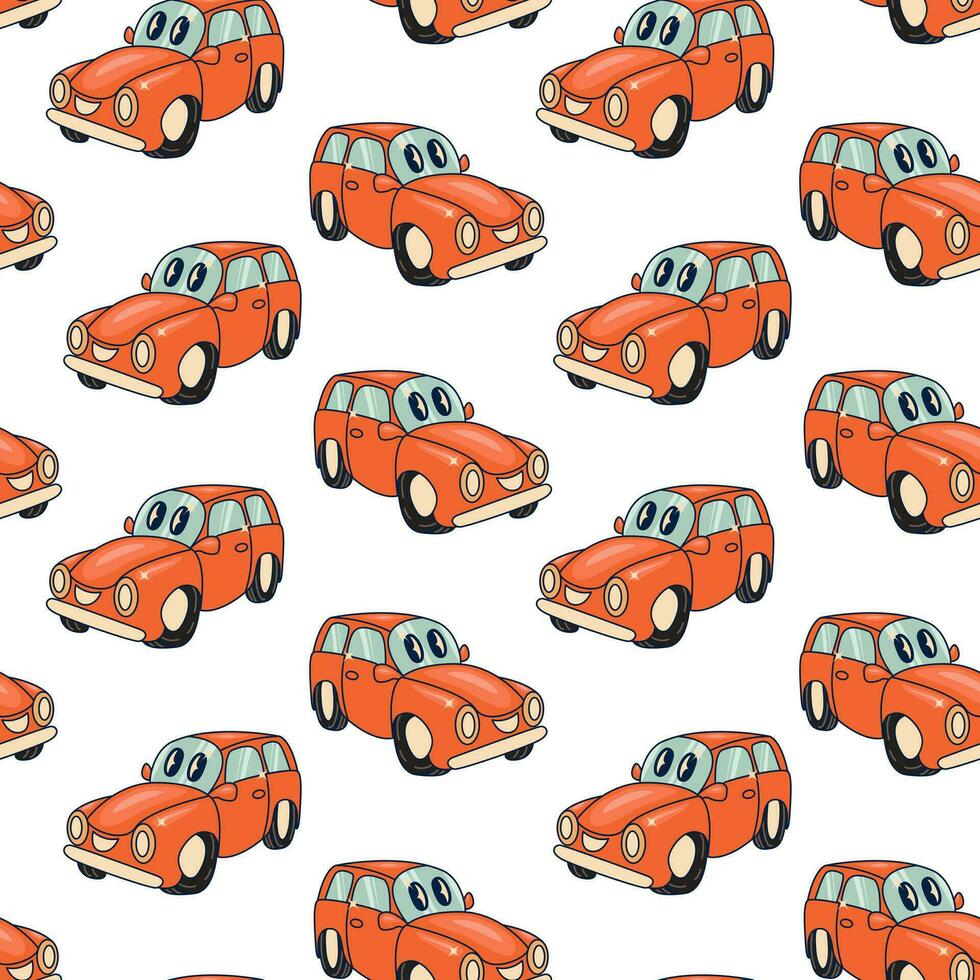 Retro car seamless pattern. Cartoon Transportation Background for Kids. Vector Seamless Pattern with doodle Toy Cars and Traffic signs