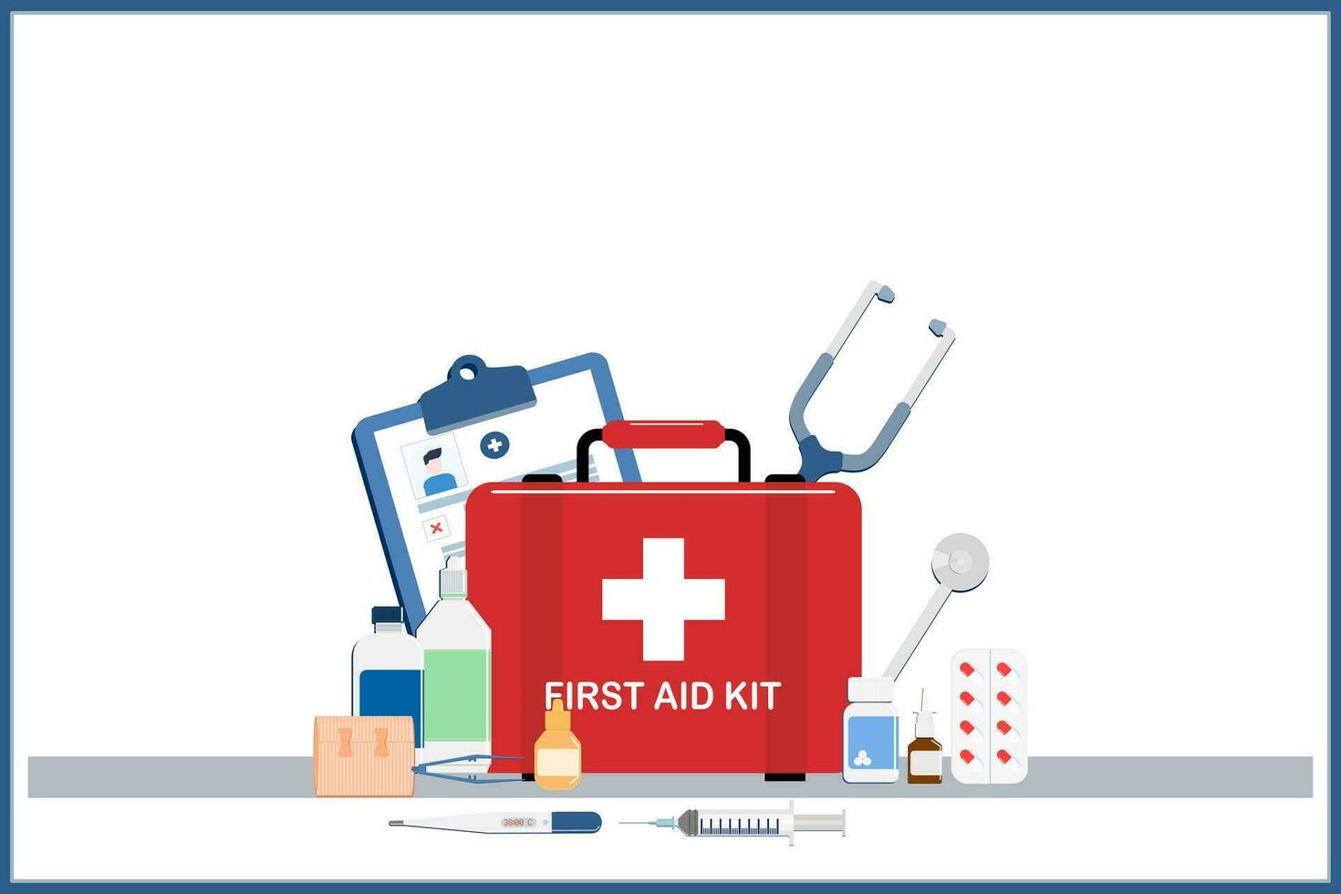 Vector illustrations of First aid kit.Box with medicine equipment and treatment for emergency.gauze,elastic bandages,stethoscope,digital thermometer with syringe,antibiotic,antiseptic.flat style.