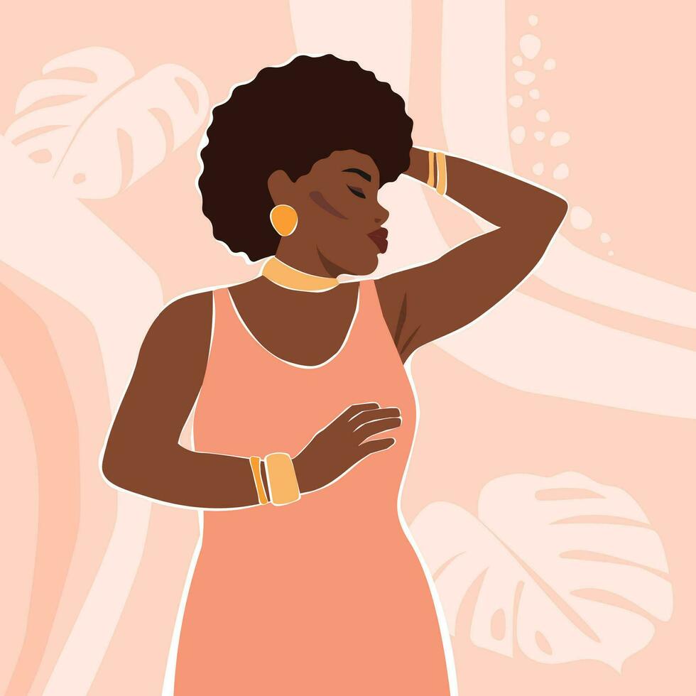 Contemporary abstract portrait of a resting woman with curly hair in summer clothes with a perfect body. Vector graphics.