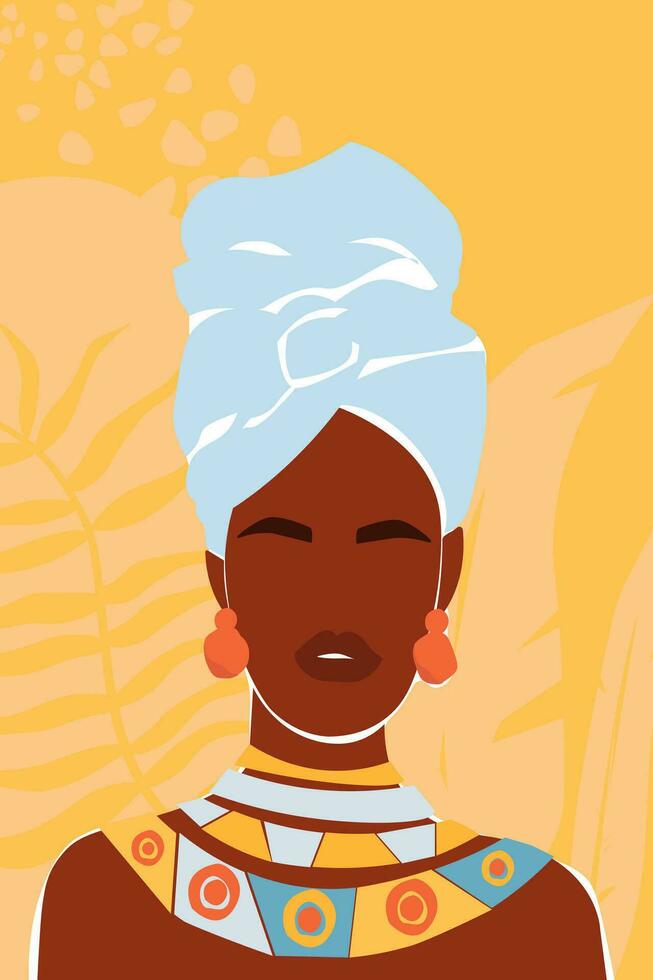 Abstract poster with a beautiful African woman. A girl in a turban on a background of exotic leaves. Vector graphics.