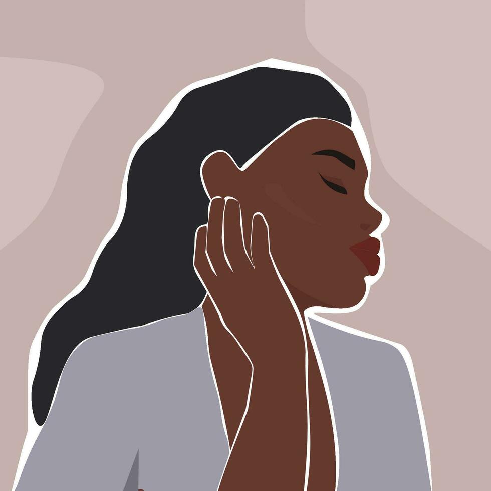 Abstract contemporary portrait of a beautiful brunette in profile with hands near her face. Vector graphics.