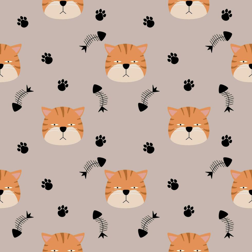 Pattern seamless funny face cat head arrogant orange vector