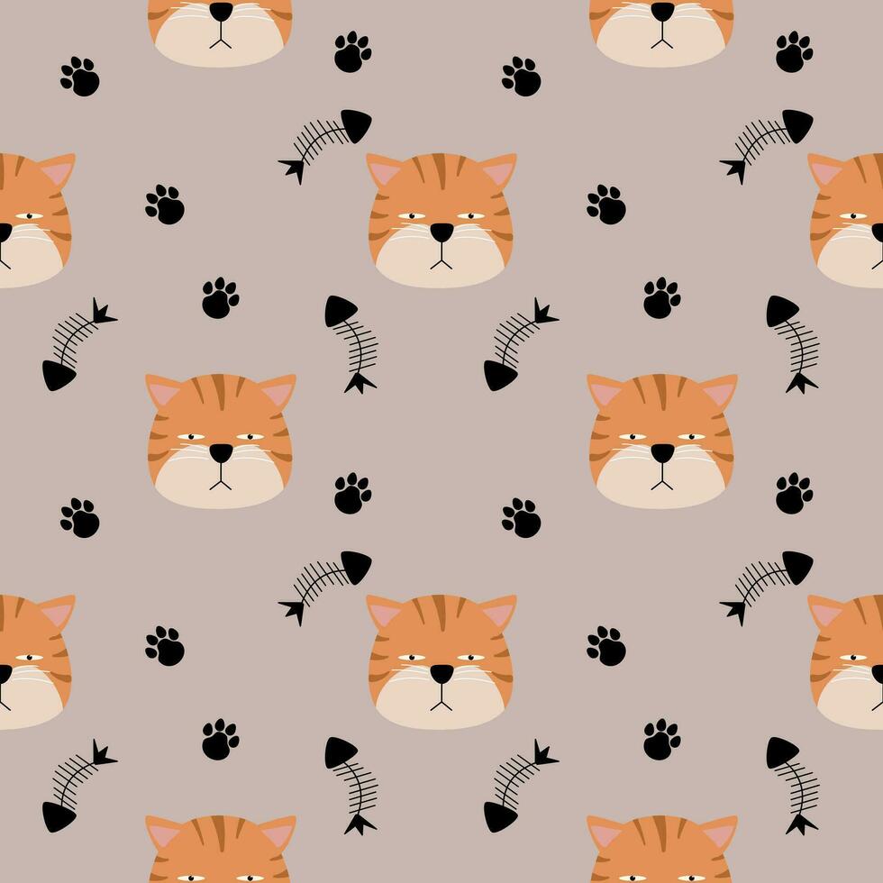 Pattern seamless funny face cat head arrogant orange vector