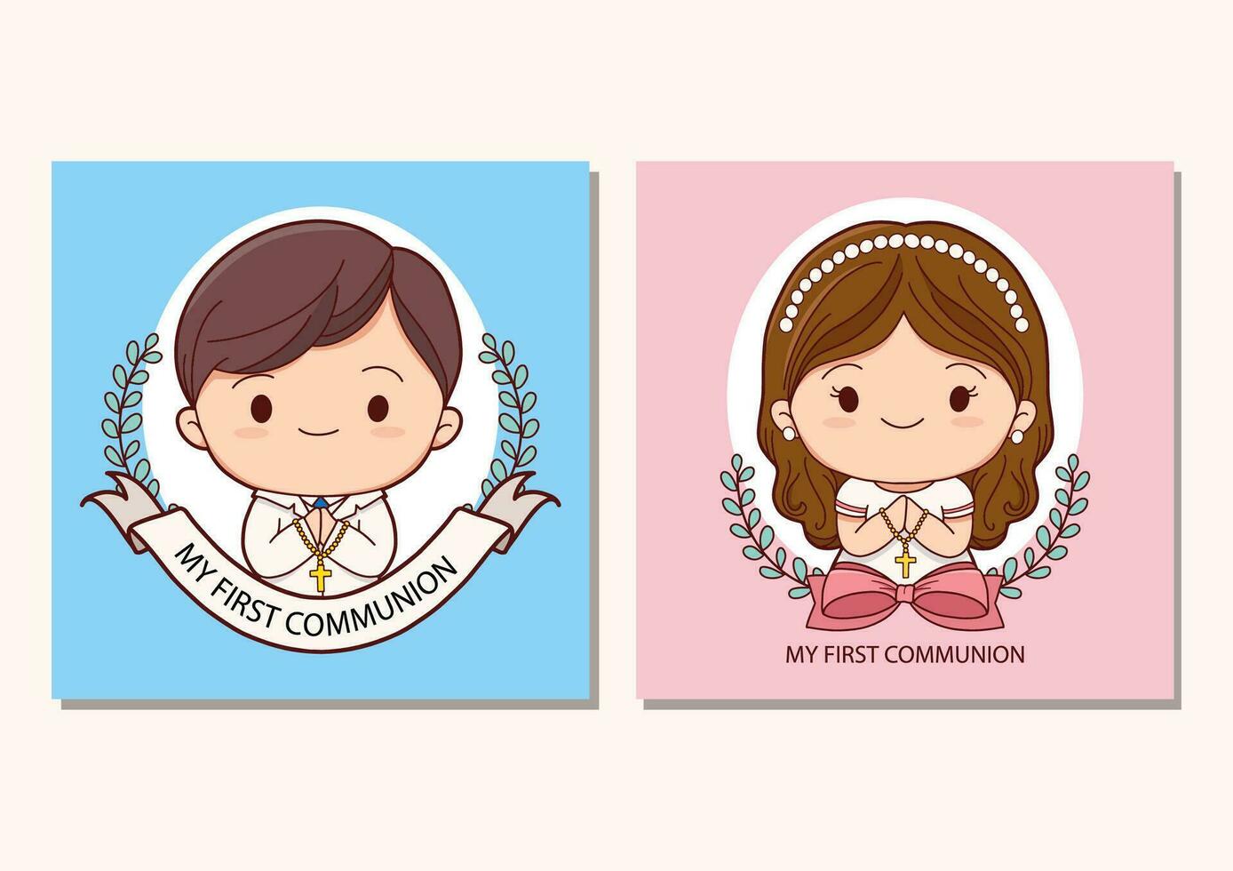 First communion card template for girl and boy vector illustration design. holy communion