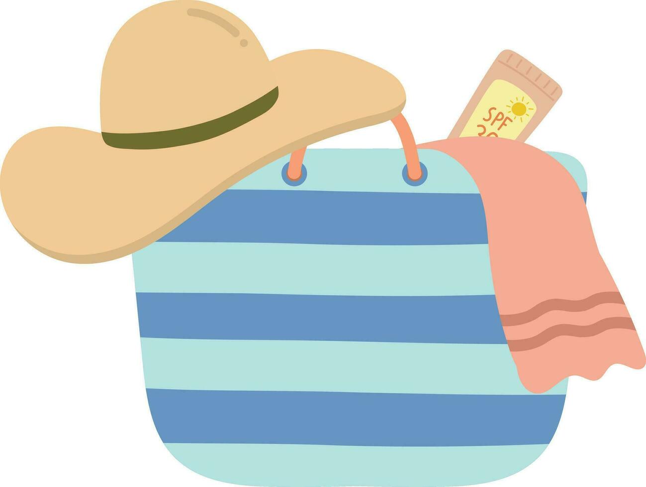 playa bolso con Paja sombrero y boleto icono terminado blanco fondo, vector ilustración