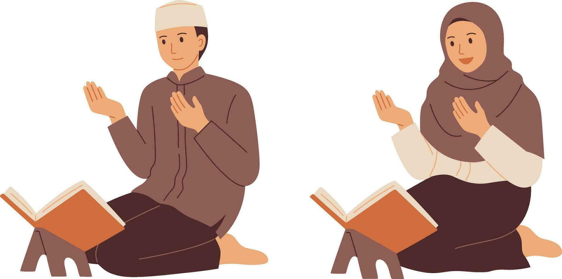 Muslim man and woman in traditional clothes sitting on the floor and reading Quran. Vector illustration in cartoon style.