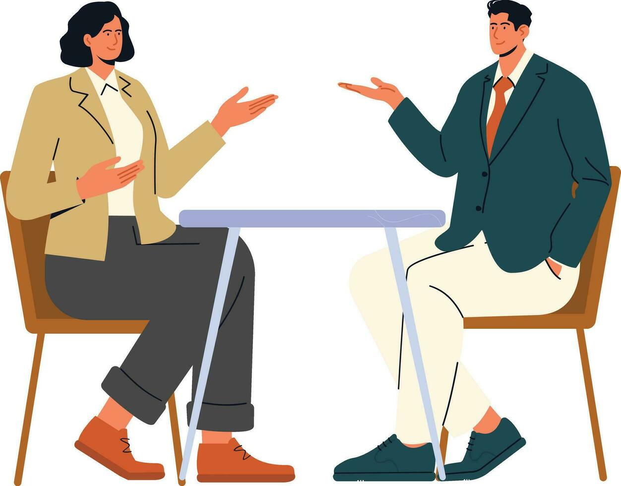 Business Man and woman sitting at the table and talking. Vector illustration in flat style