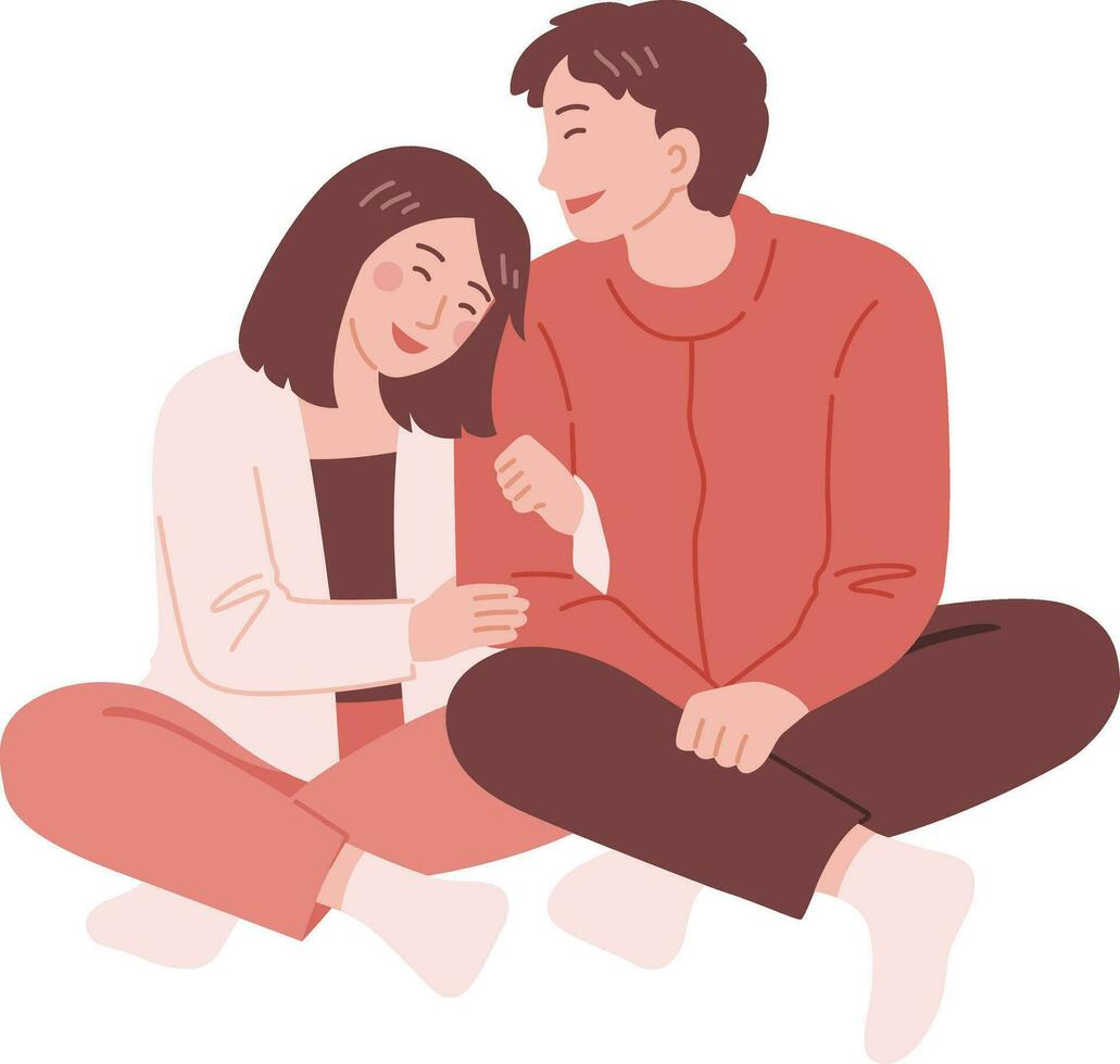 Happy Couple Sitting on Floor and Hugging Each Other Vector Illustration