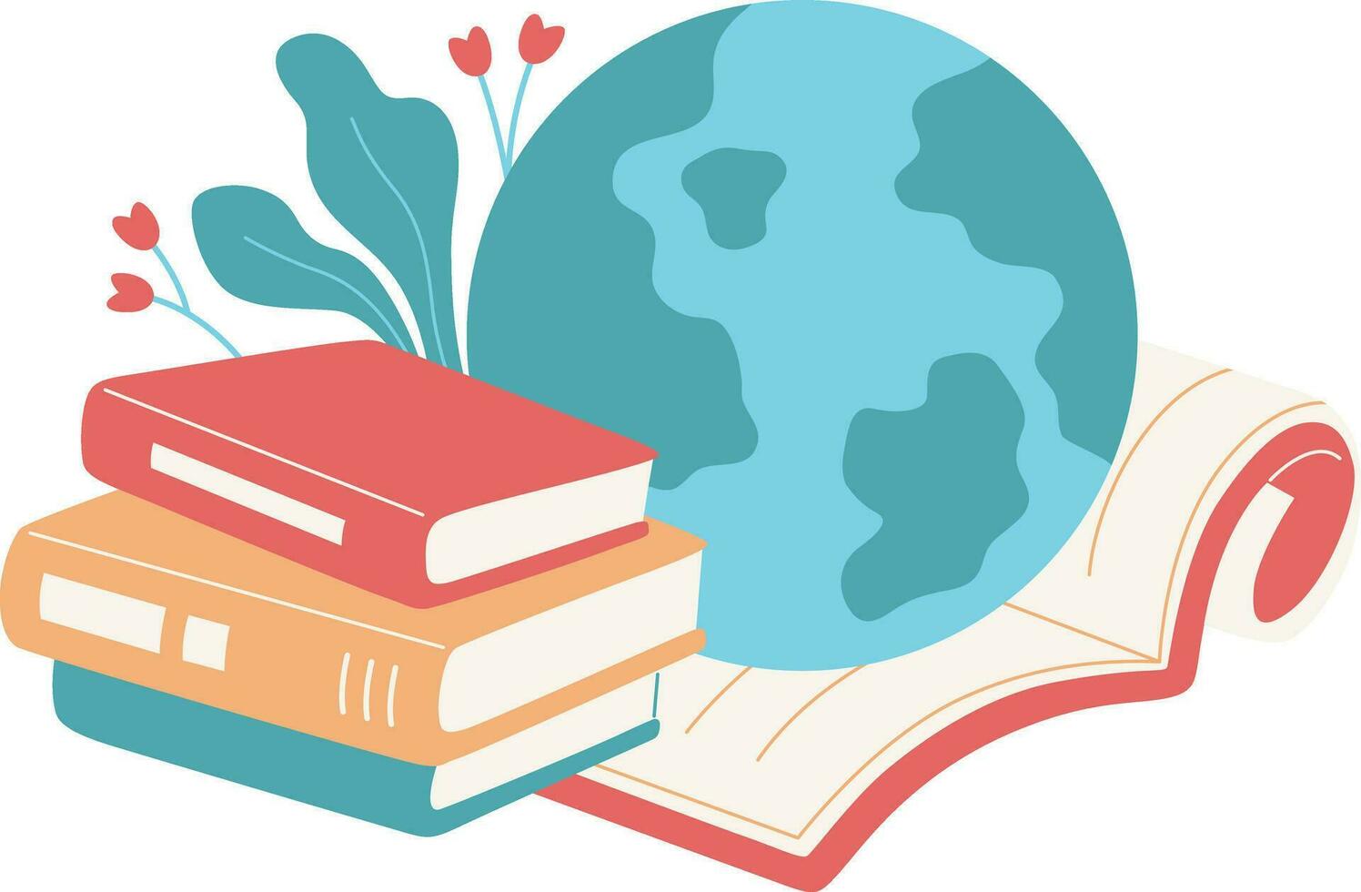 world book day with pile of books and earth planet vector illustration design