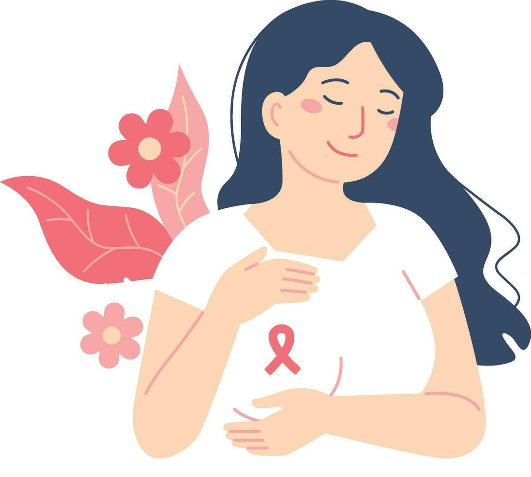 Woman with breast cancer awareness ribbon. Vector illustration in flat style.